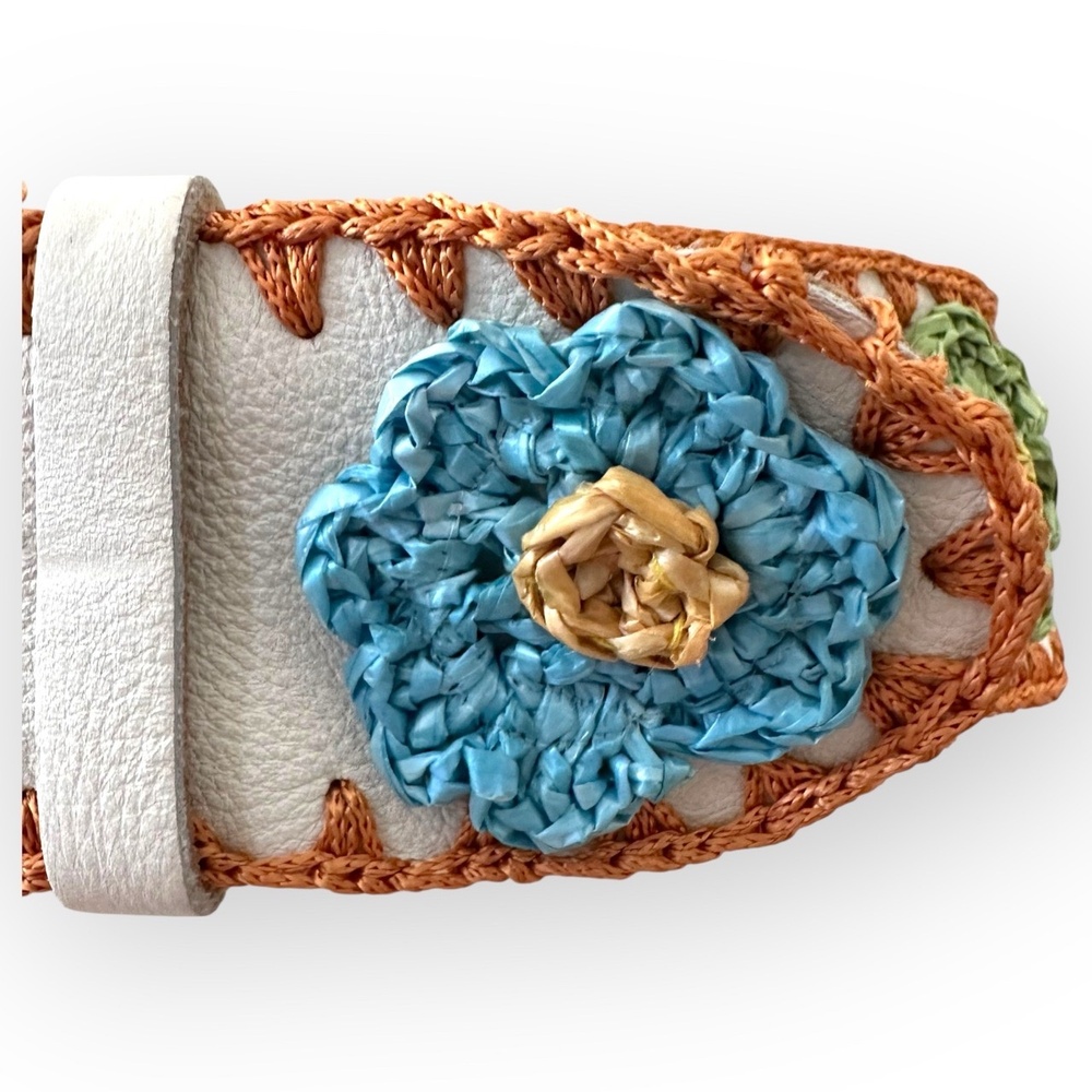 Vintage White Brown Genuine Leather Floral Whipstitch Belt Flowers Applique 90’s - Picture 3 of 10